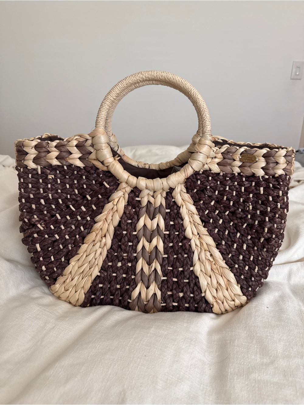 Abercrombie & Fitch Woven Two-Tone Straw Tote Bag in Brown & Natural NWT